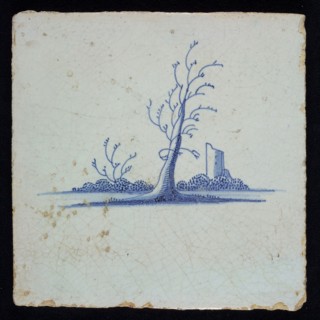 DD, Scene tile, landscape with leafless tree, blue decor on white ground, without corner filling, marked, wall tile