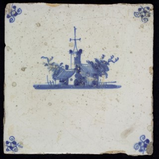 PP, Scene tile, landscape with village, blue decor on white ground, corner fill spider, marked, wall tile tile sculpture ceramic