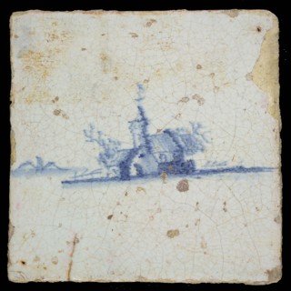 MA, Scene tile, landscape with village, blue decor on white ground, no corner fill, marked, wall tile tile sculpture ceramics