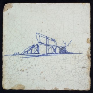 Scene tile, landscape with movable bridge, blue decor on white ground, no corner fill, marked, wall tile tile sculpture ceramic