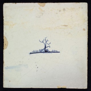 IW, Scene tile, small leafless tree, blue decor on white ground, no corner filling, marked, wall tile tile material ceramic