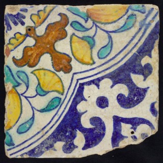 Ornament tile with orange apples in quarter quadruple, polychrome decor on white background, corner filling: palm corner, wall