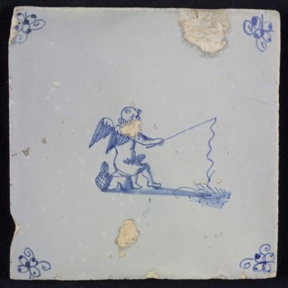 Figure tile with fishing angel or putto, blue decor on gray background, corner filling: spider, wall tile tile sculpture ceramic