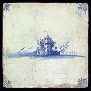 Scene tile with tower and houses, blue decor on white ground, corner filling: ox head, wall tile tile image ceramic earthenware