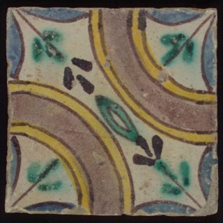 Ornament tile, multicolored floor tile in blue, green, yellow, purple on white background, around two corners large purple