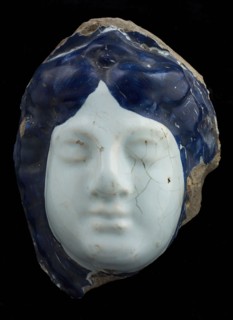 Fragment of huge faience vase, female head, vase barrel holder soil find ceramic pottery glaze tin glaze, in mold shaped baked