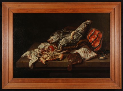 Isaac van Duynen, Still life with fish, still life painting visual material linen oil paint h 76.0 w 111.0