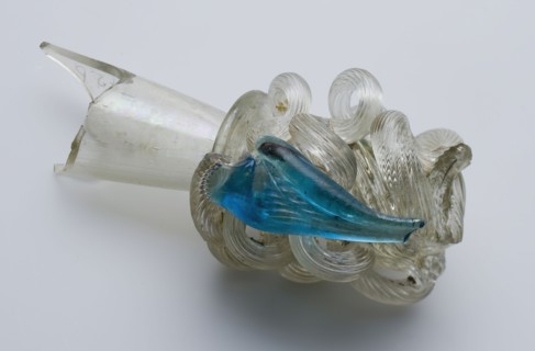 Fragment of trunk and calyx of façon de Venise flute glass, flute glass drinking cup holder ground find glass, free blown