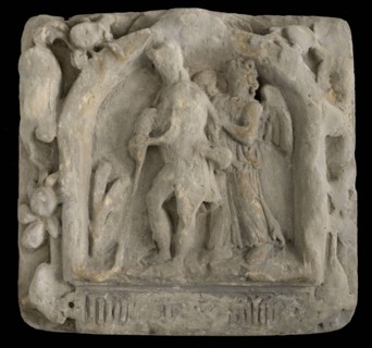 Facade stone with image Tobias, facing sculpture sculpture material building component sandstone stone, sculpted Facing stone