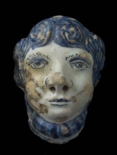 Fragment of huge faience vase, painted male head, vase barrel pot holder soil find ceramic pottery glaze tin glaze, in mold