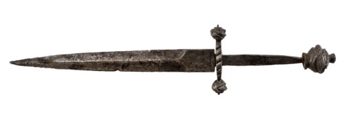 Iron dagger, knobs on hilt and crossbar, marked, dagger stab weapon arm soil found iron metal, forged Iron dagger. Two-edged