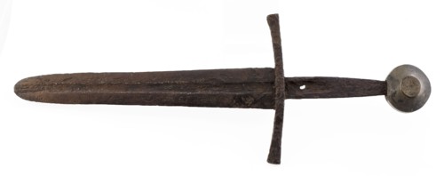 sword vest weapon soil find iron copper metal, forged cast Short iron sword possible left hand Wide double-edged blade wide