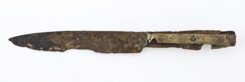 Small iron knife with decorated, driven handle, knife cutlery soil find iron copper brass metal, forged driven riveted Small