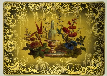 lacquer worker: Lodewijk Johannes Nooijen, Metal plate, painted in colors and gold on black, with decorative 'western' edge