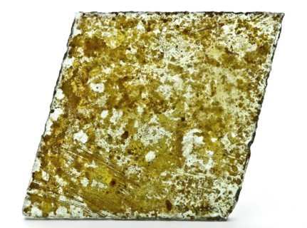 Fragment of window glass, window glass building material soil find glass metal, hinged cut Fragment window glass. Green tinted