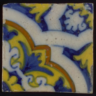 Ornament tile, diagonally across the tile white braid band motif, corner motif quarter rosette, wall tile tile sculpture ceramic