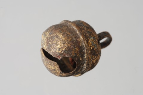 Brass bell, bubble soil find brass metal, shaped soldered Small round bell with suspension eye from strip metal the bell made