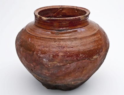 Earthenware cooking pot or storage jar on stand fins with cylindrical neck, storage jar holder soil find ceramic earthenware