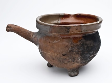 Small saucepan on three legs, stem and shank, saucepan pan pot holder utensils earthenware ceramics earthenware glaze lead glaze