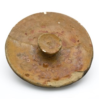 Earthenware lid with recessed button as handle, red shard, lid closure soil found ceramic earthenware, hand-turned baked Lid red