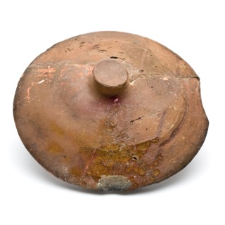 Earthenware lid with knob as handle, red shard, bevelled edge, lid closure bottomfound ceramic pottery, handdrawn frying lid Red