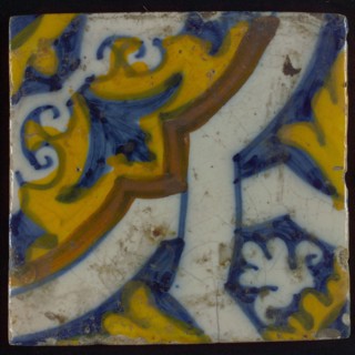 Ornament tile, diagonally across the tile white braid band motif, corner motif quarter rosette, wall tile tile sculpture ceramic