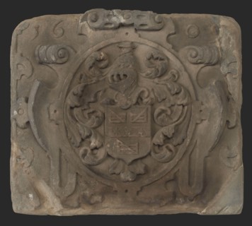 Facing brick with coat of arms Johan van der Veeken 1609, facing sculpture sculpture material building component sandstone stone