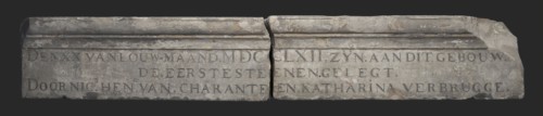 Johannis de Graef, First stone on relief of main entrance west side Burgerweeshuis, den XX of ... Verbrugge., first stone