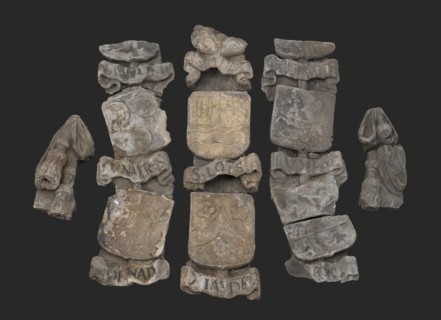 Pieter Rijckx, Sculpture boys' dormitories Burgerweeshuis, coats of arms, tresses and ribbon, facing brick sculpture sculpture