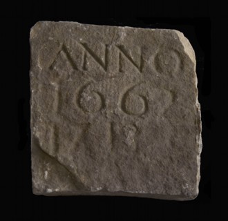 Facing brick with text of 1662 1713, facing brick? keystone? building component sandstone stone, Square above slightly wider