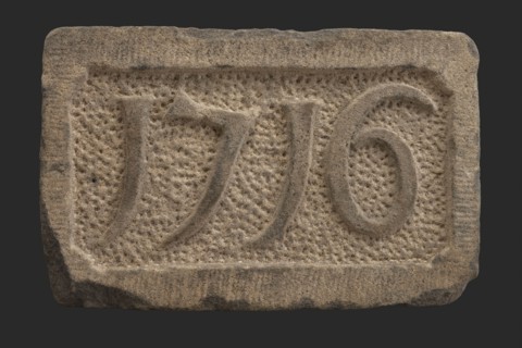 Facing brick with date 1716, facing brick foundation stone building component sandstone stone, minced rectangular frame and year