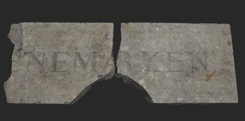 Two fragments of facing brick with Denmark, facing brick building component soil find stone right: upper side 49.0 lower side 26