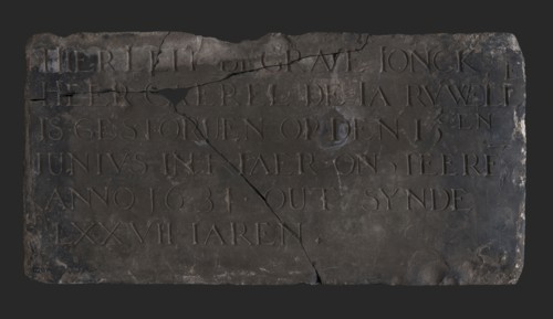 Tombstone with text Here leit engraved ... LXXVII, tombstone found bottom shale stone, chopped Rectangular flat text