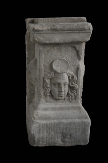 Basement with head, basement ornament building component sandstone stone, sculpted Rectangular basement with front face