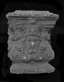 Basement of chimney with three male heads, basement ornament mantelpiece chimney building component plaster, cast Basement