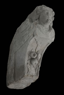 Stone console with female head, console building element sandstone stone, sculpted Console with female head in the front