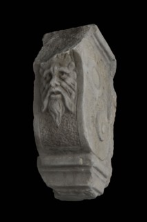 Fragment console with male head, console building element sandstone stone, sculpted Console with at the top and bottom side