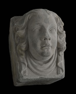 Console, female head with scarf, console construction element sandstone stone, sculpted Console female head with loose hair