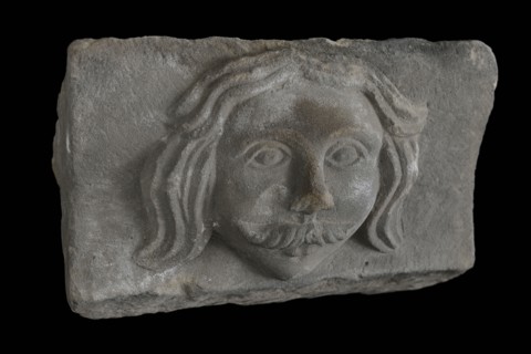 Console, male head with mustache, console building element sandstone stone, sculpted