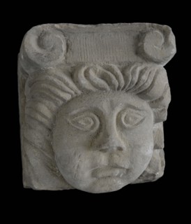 Console with woman head, console building element sandstone stone, sculpted Console with female head