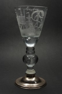 Goblet engraved with three-master, Fortuna, Prosperitij to the East India Companij and Duke of Cumberland, wine glass drinking