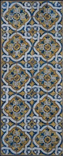 Ornament tile, tile field of forty pieces, ten high, four wide; multicolored, diagonal decor with wickerwork, tile field wall