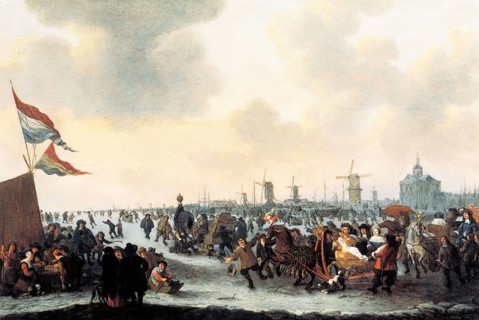 Hendrik de Meijer, Ice skating on the Meuse at the Witte or Wester Nieuwehoofdpoort, Rotterdam, cityscape painting footage paint