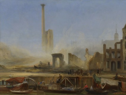 Charles Rochussen, View of the Leuvehaven Wz after the fire at the steam sugar refinery of P.H. Tromp, Rotterdam, cityscape