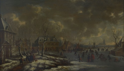 J. Storck, Winter view of Rotterdam with Huis Crooswijk on the Rotte, cityscape painting wood oil painting gold, Panel