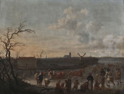 Dionys Verburg, IJsvermaak on the Rotte, Rotterdam with the Laurenskerk in the background, painting visual material paint oil