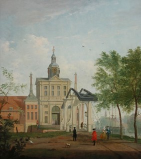 Nicolaes Muys, Witte Poort (Wester Nieuwehoofdpoort), seen from the south, Rotterdam, cityscape painting wood painting, Oil