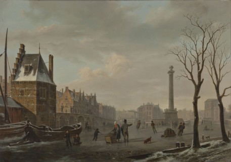 Bartholomeus J. van Hove, Pompenburg with Hofpoort in winter, cityscape painting painting material wood oil, Painting landscape