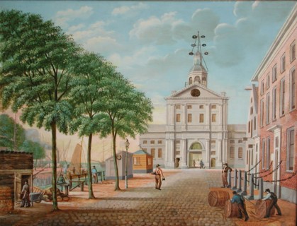 David Welle, View of the Wester Nieuwehoofdpoort from the Leuvehaven west side, Rotterdam, cityscape painting visual material
