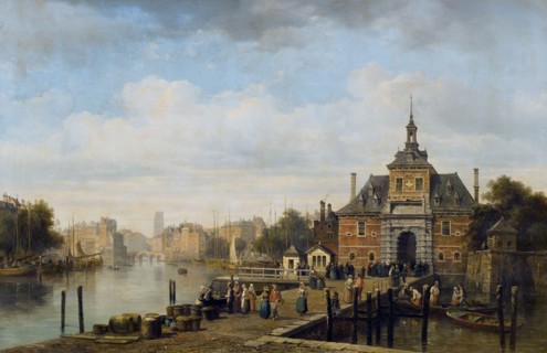Pierre Justin Ouvrié, View of the Ooster Oudepoort gate, Rotterdam, cityscape painting visual material oil paint linen, Oil